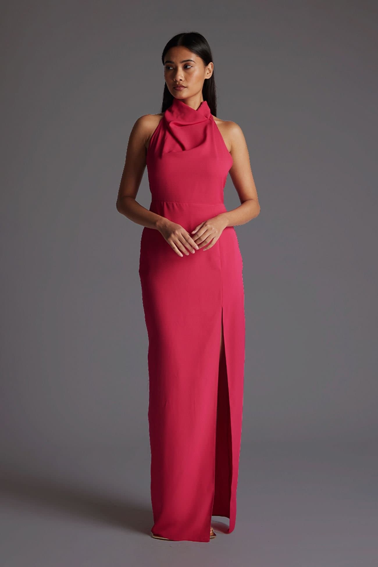 Vesper Vesper Women's Halter Neck Maxi Dress with Thigh Split in Cerise
