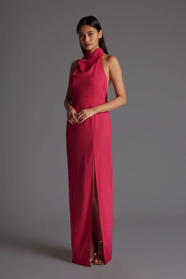 Vesper Vesper Women's Halter Neck Maxi Dress with Thigh Split in Cerise - 2