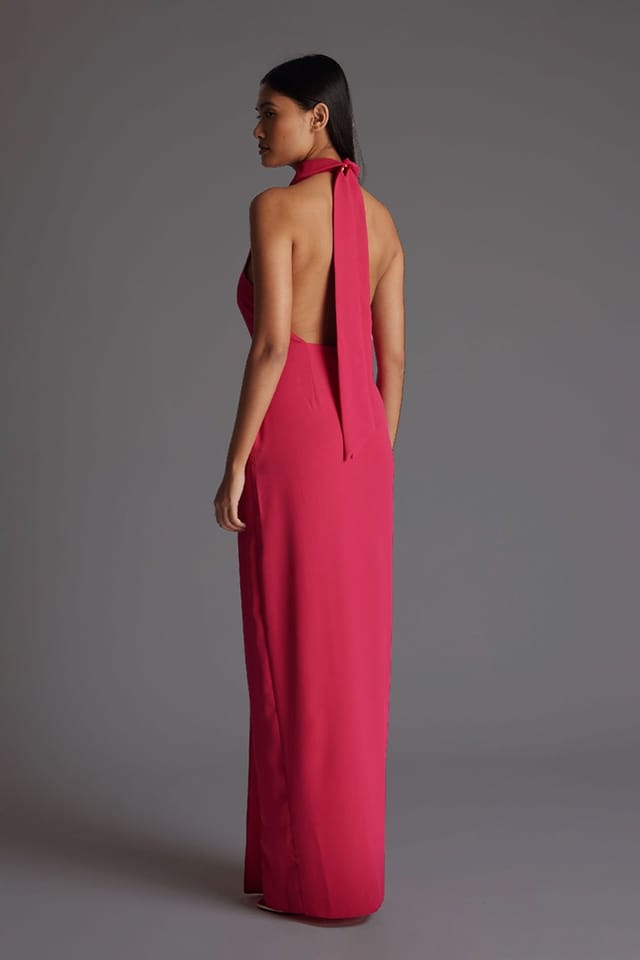Vesper Vesper Women's Halter Neck Maxi Dress with Thigh Split in Cerise - 3