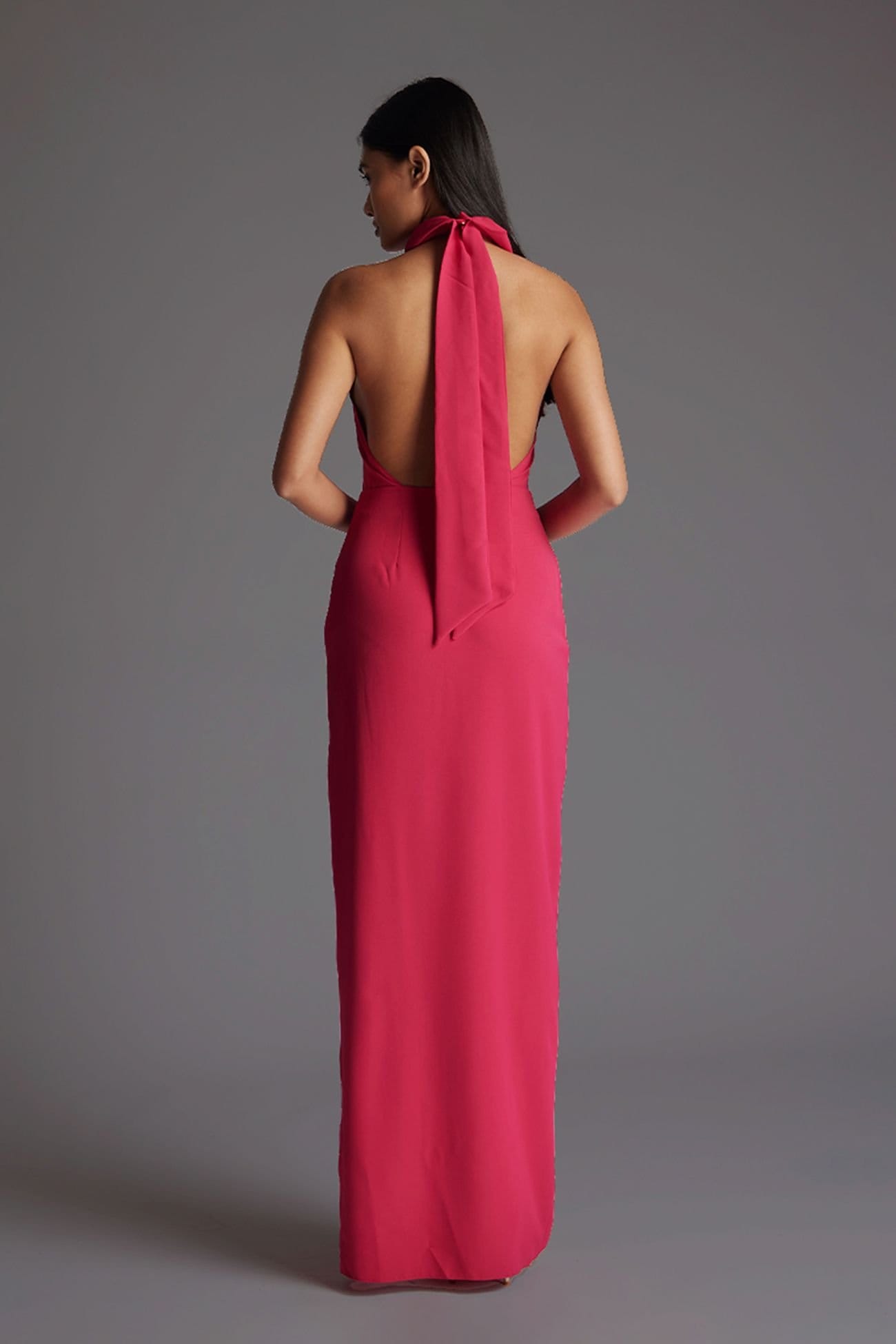 Vesper Vesper Women's Halter Neck Maxi Dress with Thigh Split in Cerise - 4