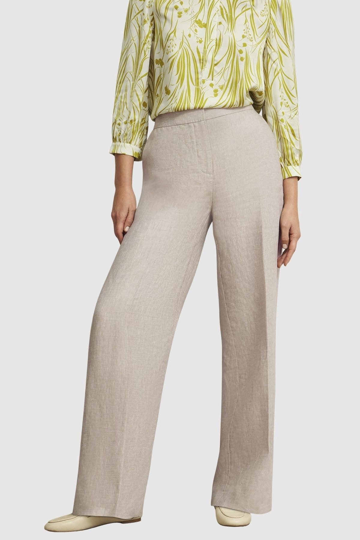 Hobbs London Light Stone Linen Wide-Leg Trousers