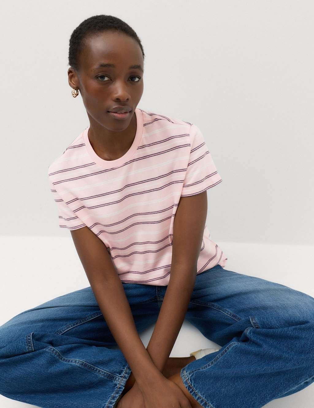 Marks & Spencer M&S Pure Cotton Striped T-Shirt Pink Mix - 1
