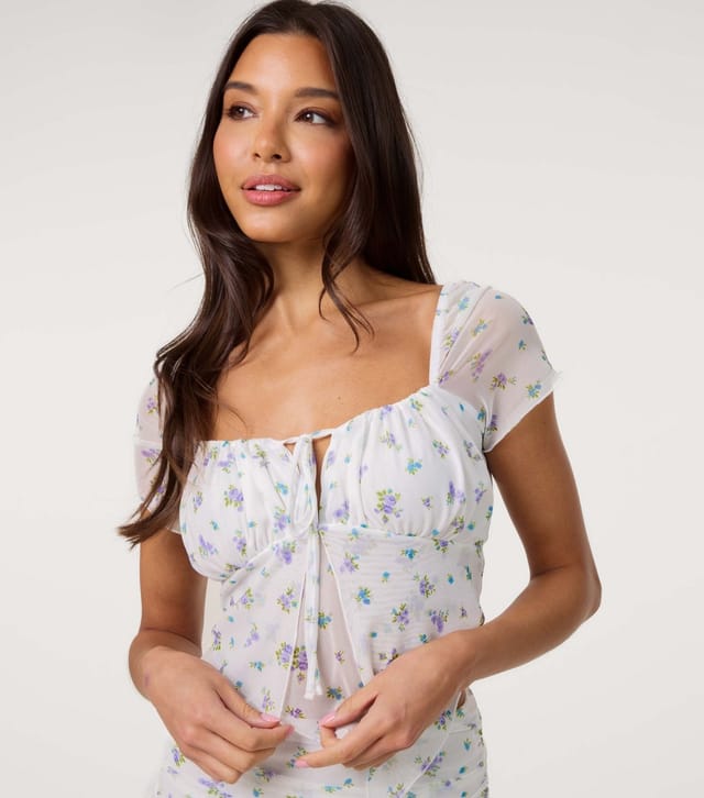 Pink Vanilla Women's Off White Floral Print Mesh Top Pink Vanilla New Look - 3
