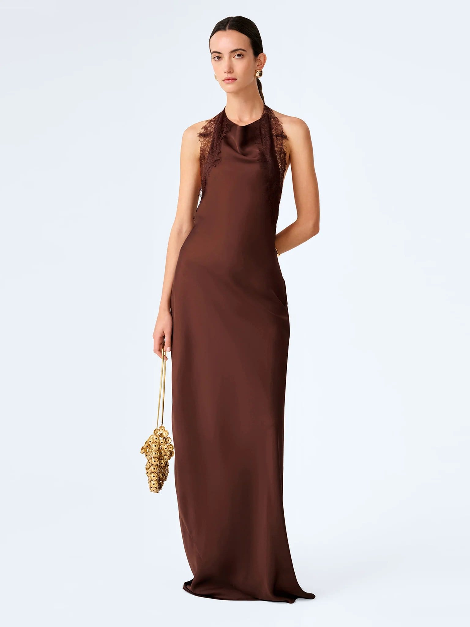 OMNES Chocolate Satin Cowl Neck Maxi Dress