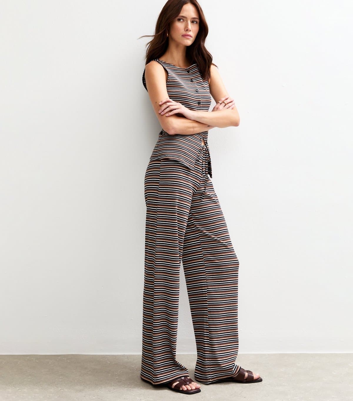 New Look New Look Black Ribbed Striped Wide Leg Trousers