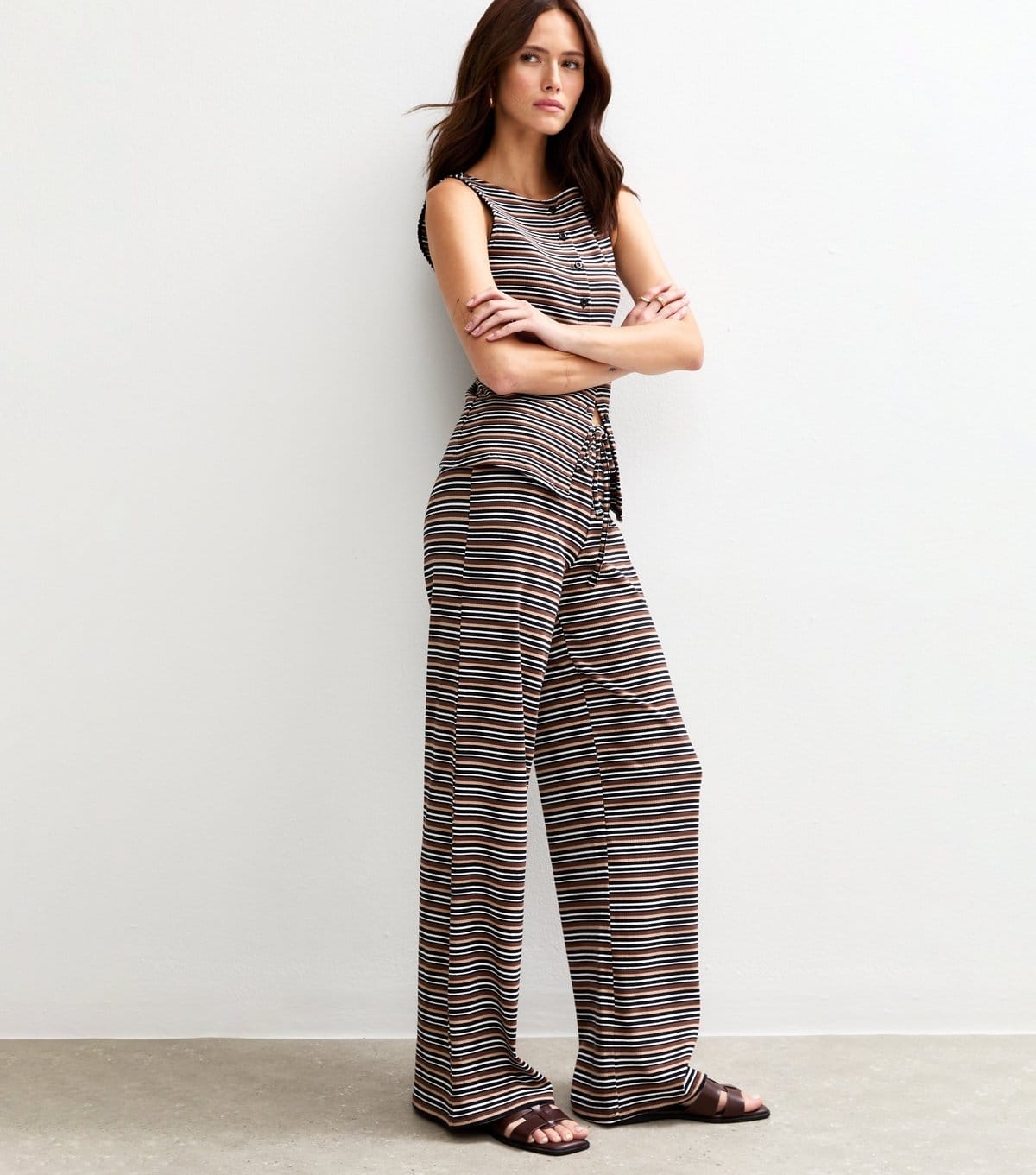 New Look Women's Black Ribbed Striped Wide Leg Trousers New Look - 1