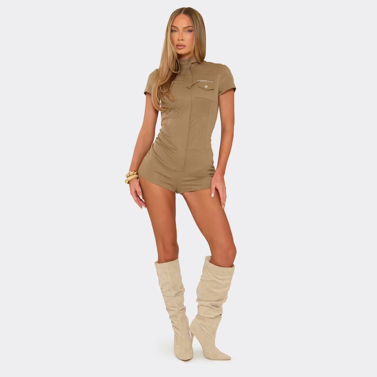EGO Short Sleeve Utility Pocket Detail Cargo Playsuit In Khaki, Women's Size UK 6