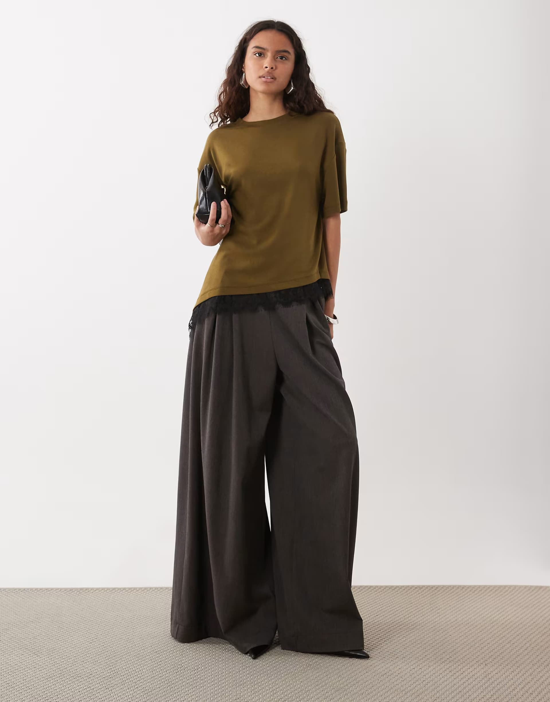 ASOS ASOS DESIGN asymmetric lace hem t-shirt in khaki
