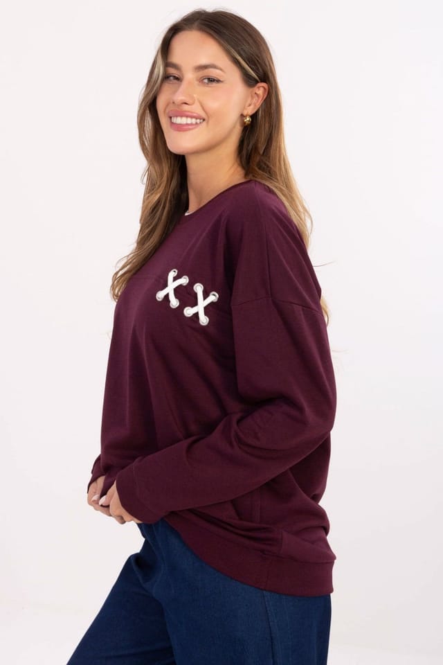 Love Lace Love Lace Women's Oversize Blend Sweatshirt with Braided Detail in Burgundy - 2