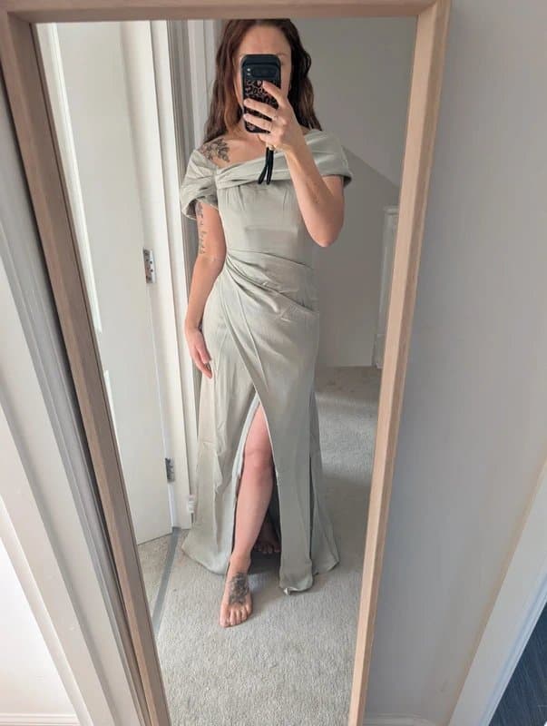 ASOS ASOS design Bridesmaid satin bardot drape wrap maxi dress. sage green. Size 8