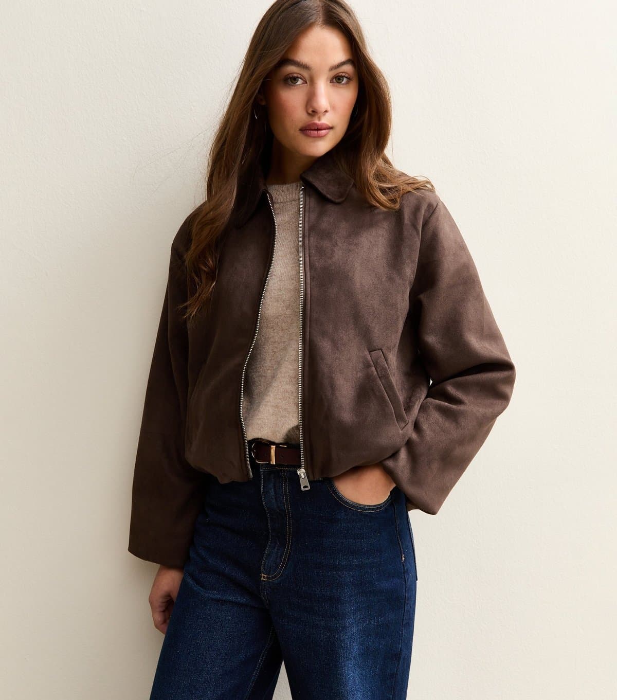 New Look Women's Brown Faux Suede Bubblehem Bomber Jacket New Look
