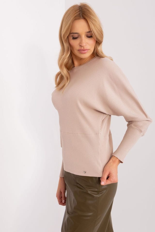 Love Lace Love Lace Women's Cotton Batwing Blouse with Ribbed Sleeves in Beige - 3