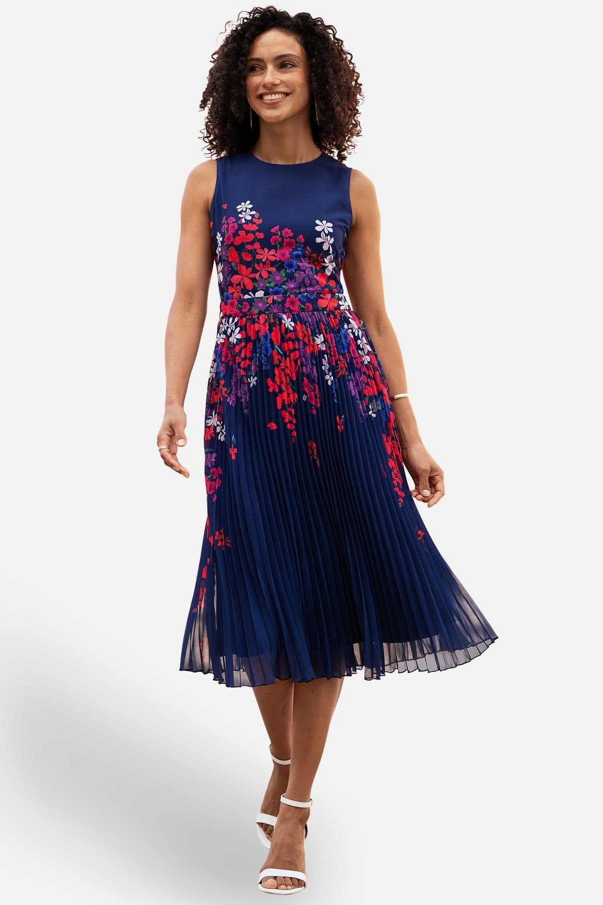 Yumi Yumi Women's Navy Border Floral Print Midi Dress With Pleats