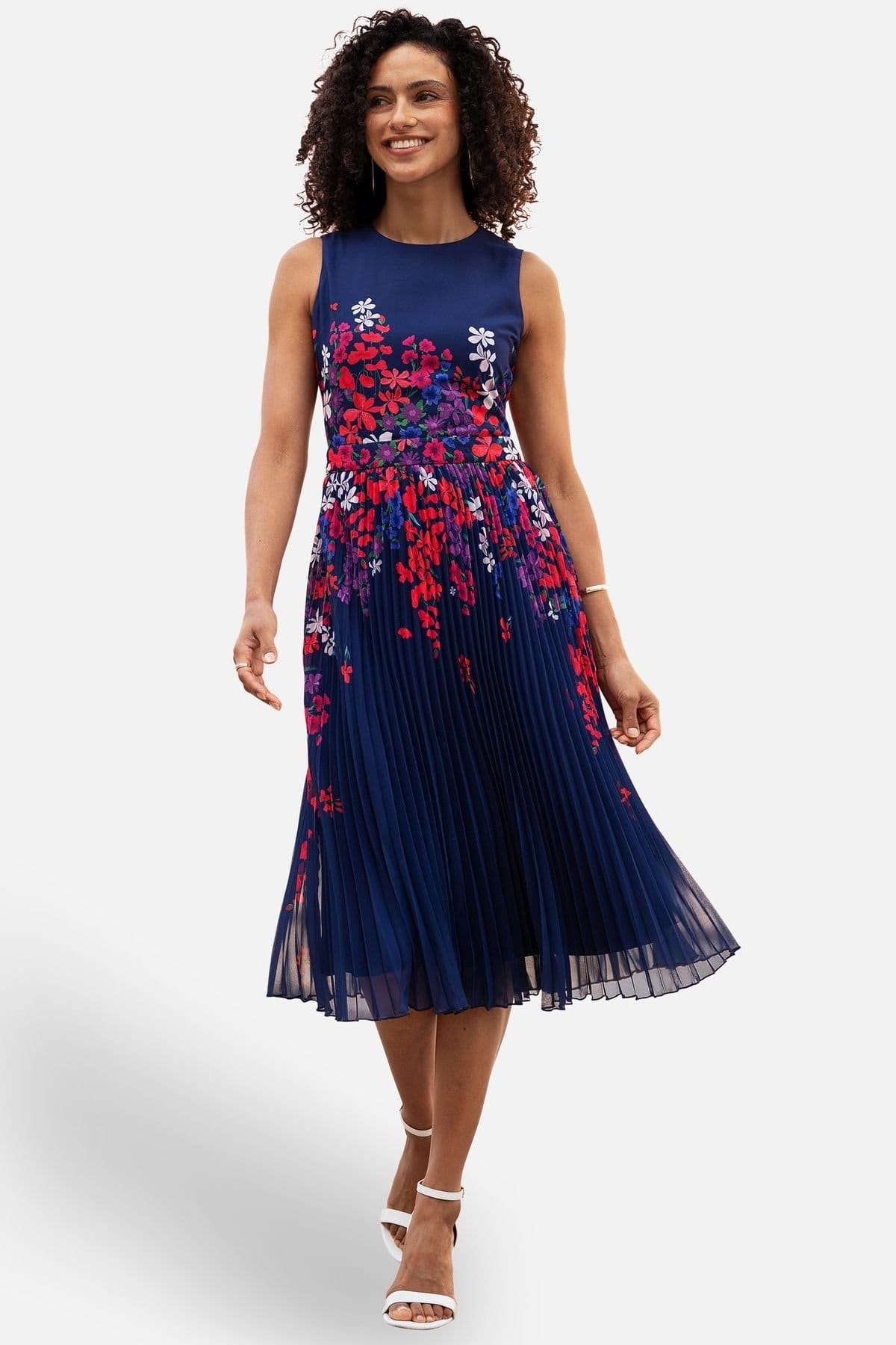 Yumi Navy Floral Print Midi Dress With Pleats