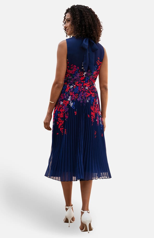 Yumi Yumi Women's Navy Border Floral Print Midi Dress With Pleats - 2