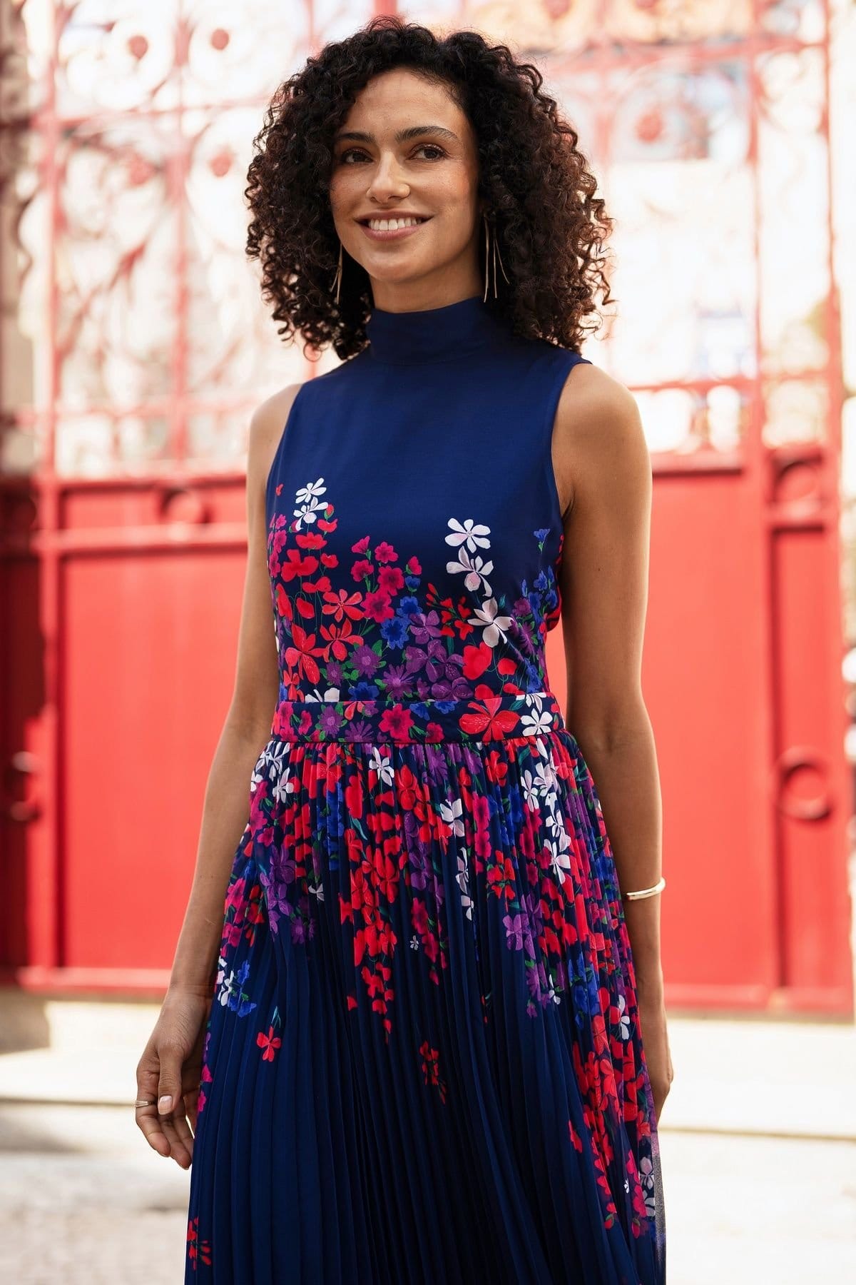 Yumi Yumi Women's Navy Border Floral Print Midi Dress With Pleats - 4
