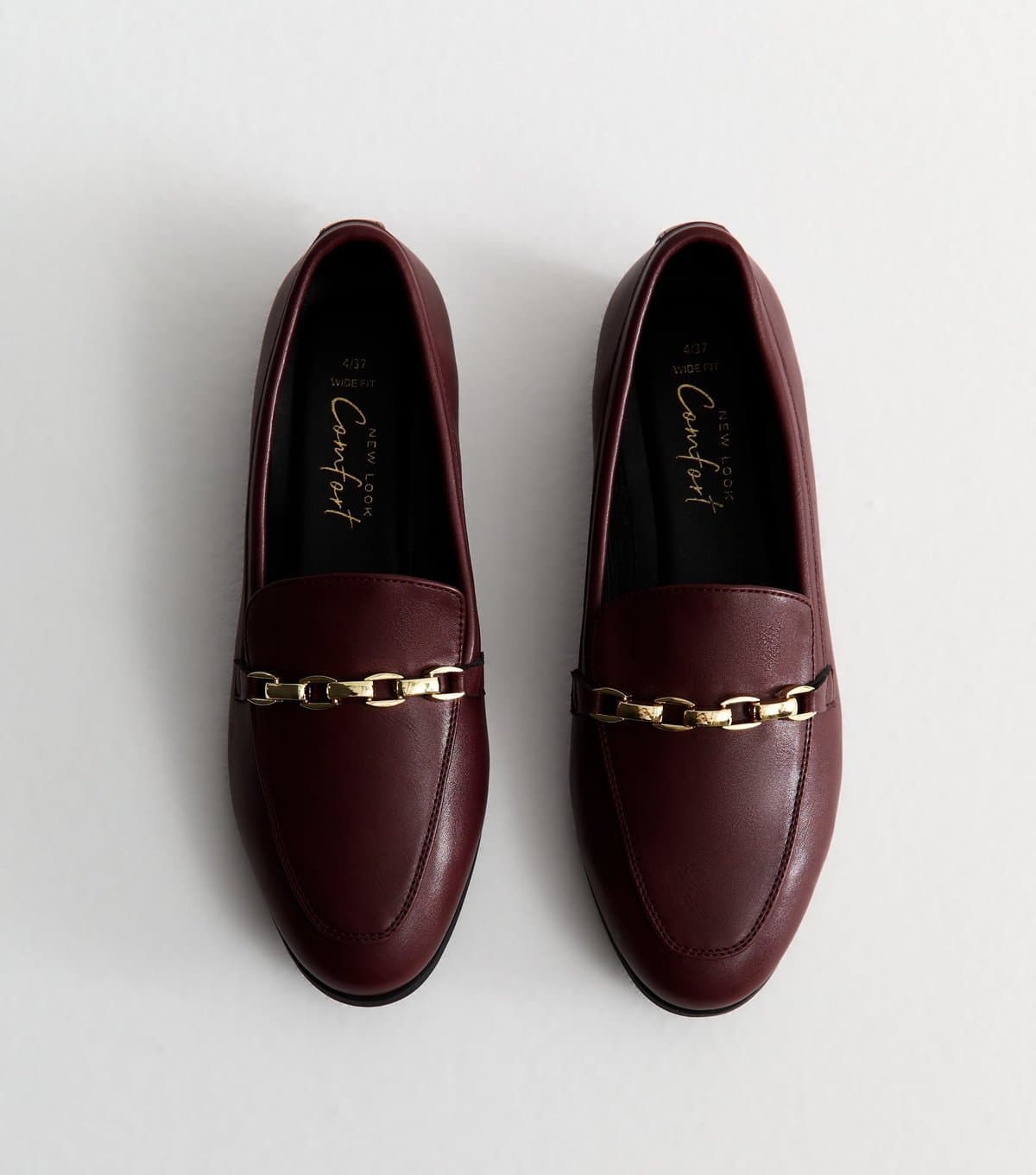 New Look Women's Wide Fit Dark Burgundy Faux Leather Chain Trim Loafers Vegan New Look