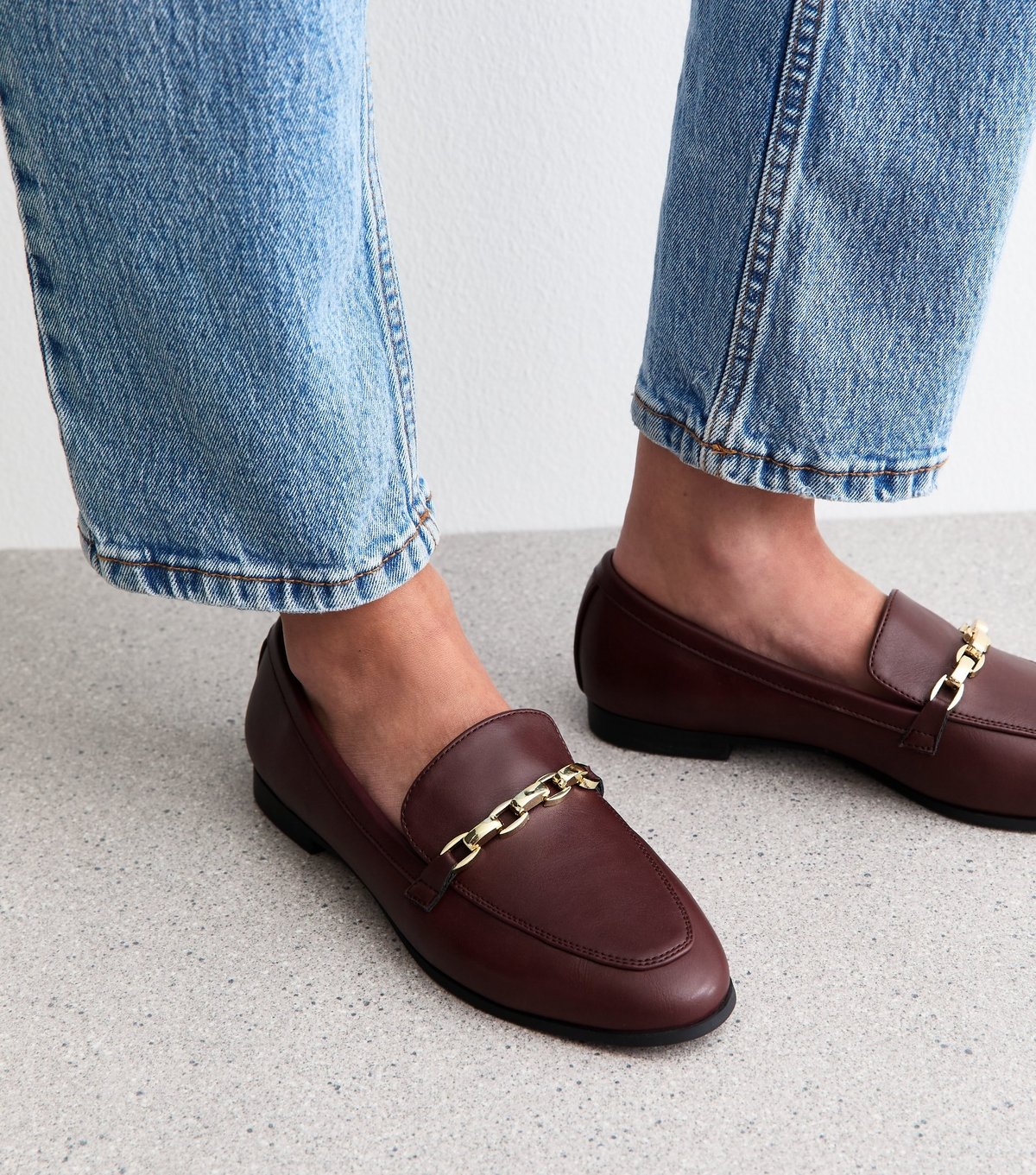 New Look Women's Wide Fit Dark Burgundy Faux Leather Chain Trim Loafers Vegan New Look - 2