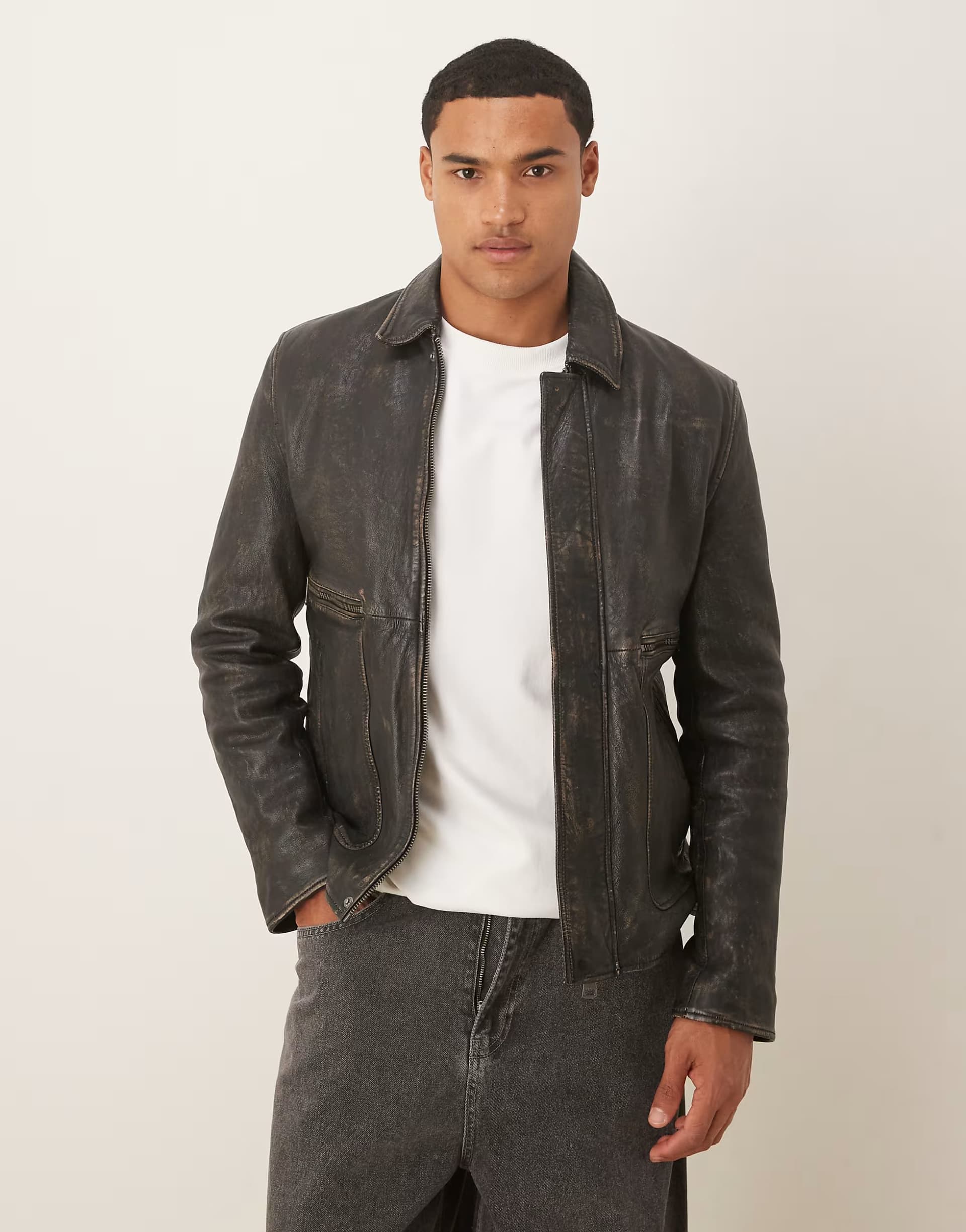 ASOS Barneys Originals Real leather washed harrington in black