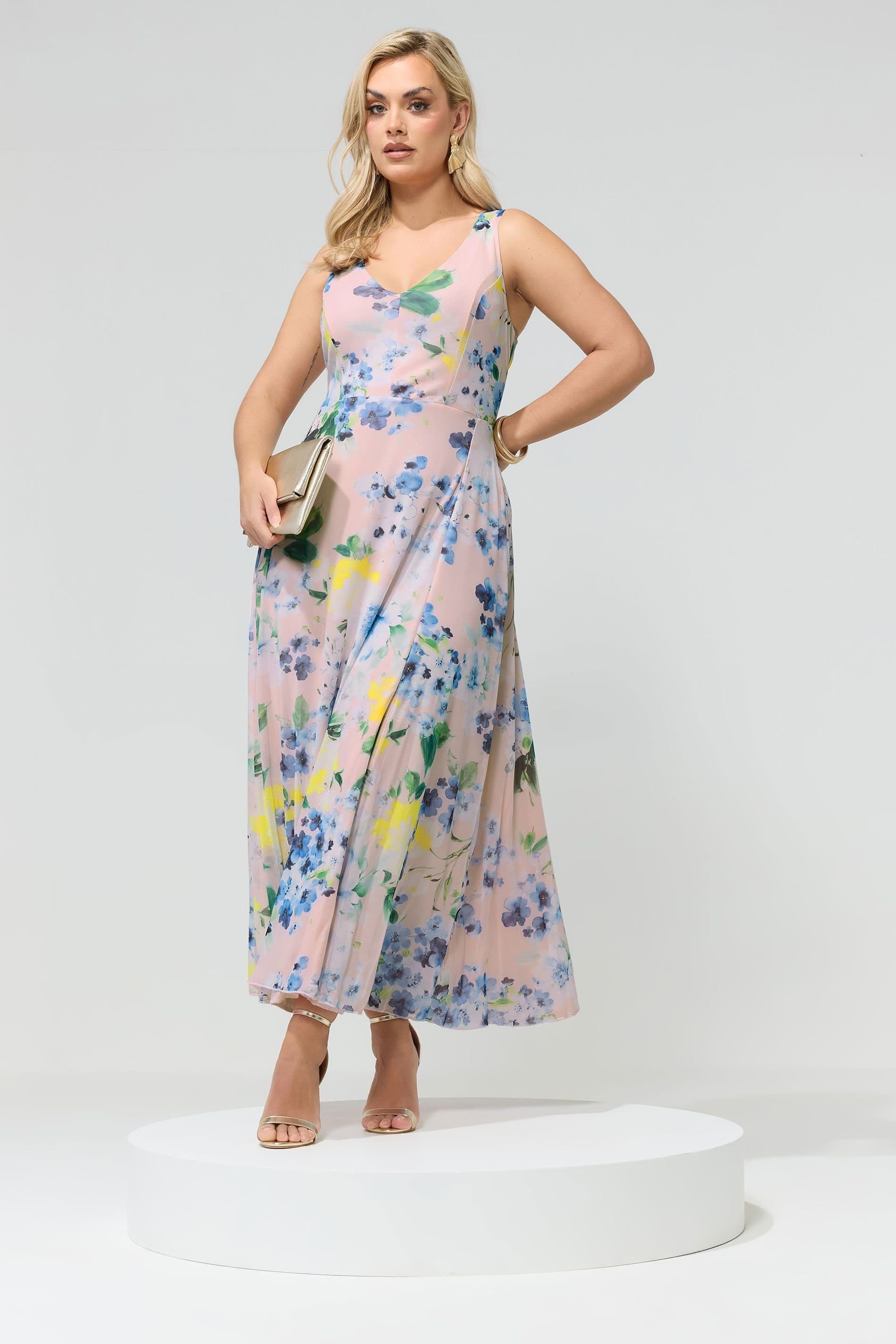 Yours Yours Women's Floral Print Mesh Sleeveless Maxi Dress in Pink