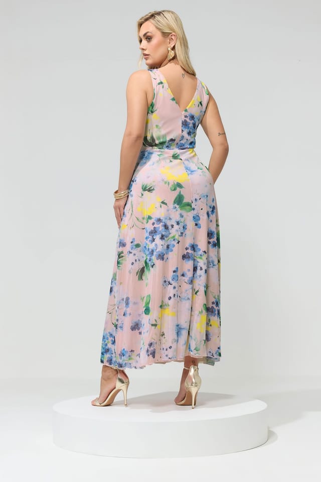 Yours Yours Women's Floral Print Mesh Sleeveless Maxi Dress in Pink - 3