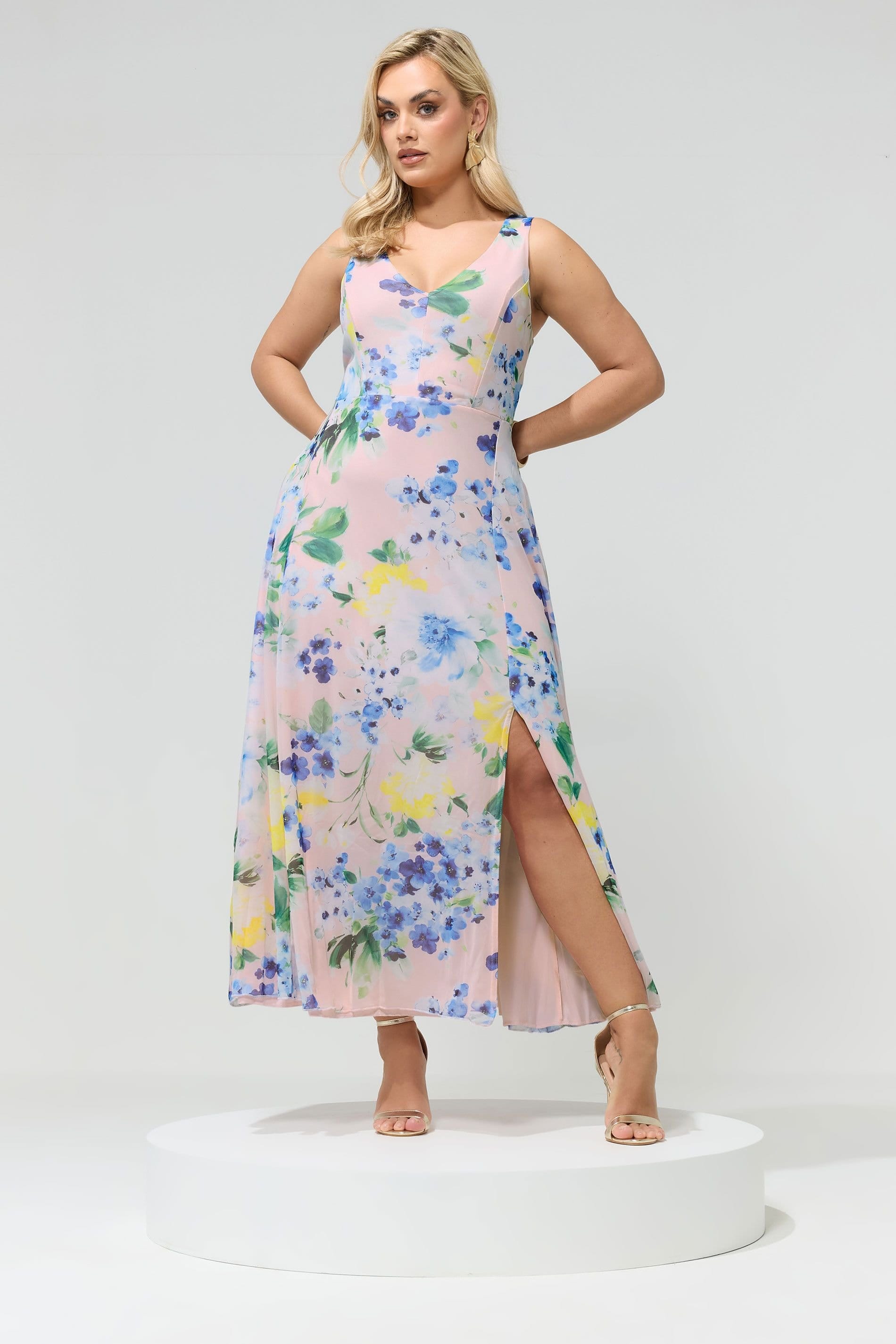 Yours Yours Women's Floral Print Mesh Sleeveless Maxi Dress in Pink - 4