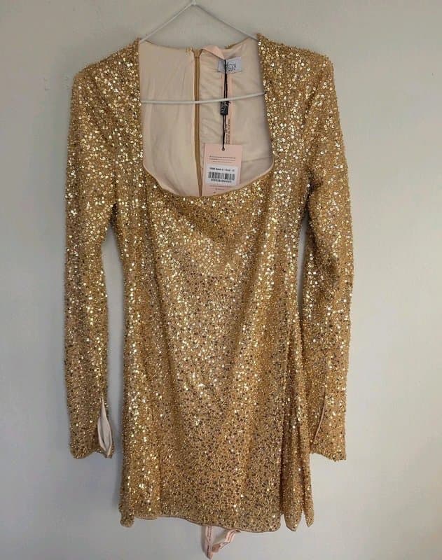 Oh Polly Oh Polly Kiyara Embellished A-Line Mini Dress in Gold Size 10