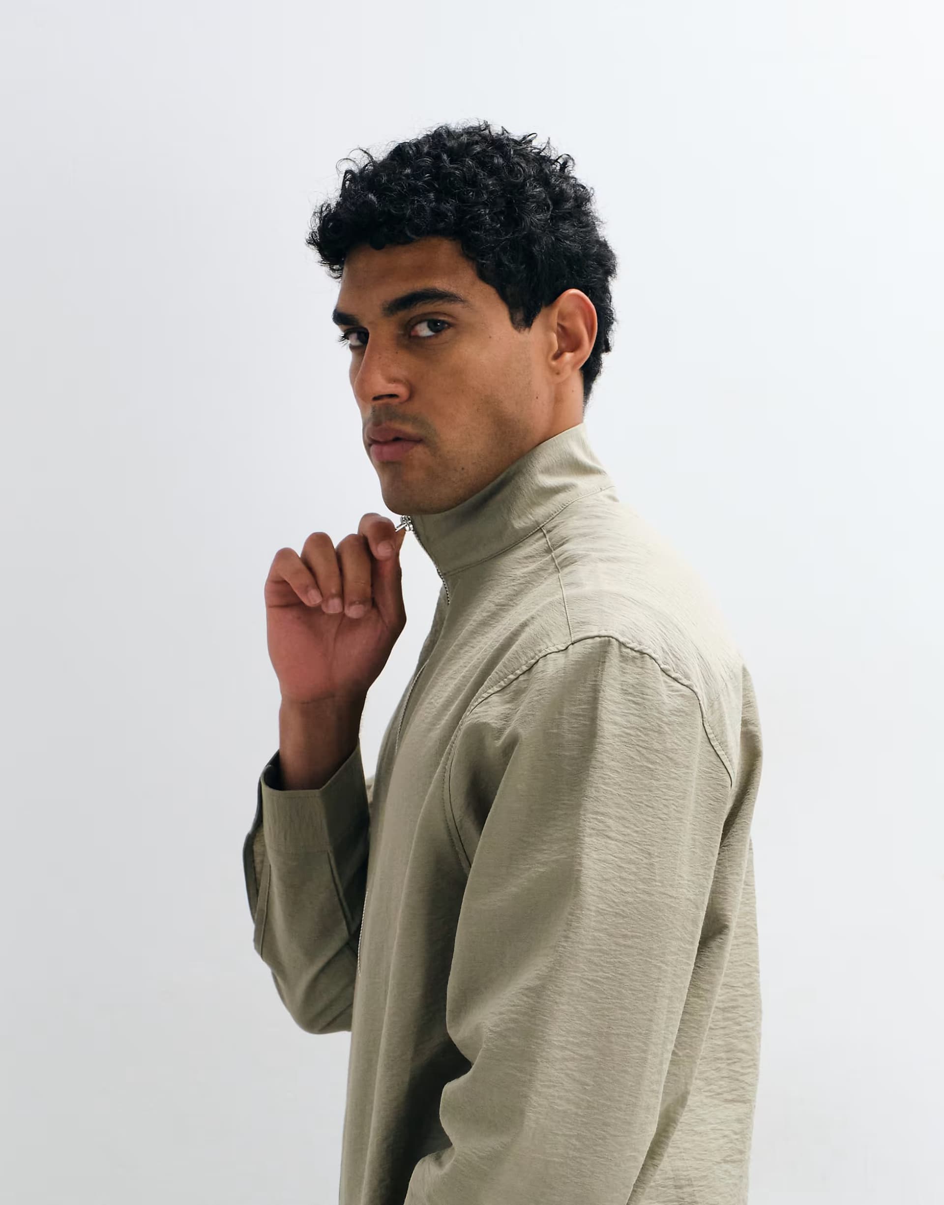 ASOS ASOS DESIGN oversized zip through funnel neck shirt in stone