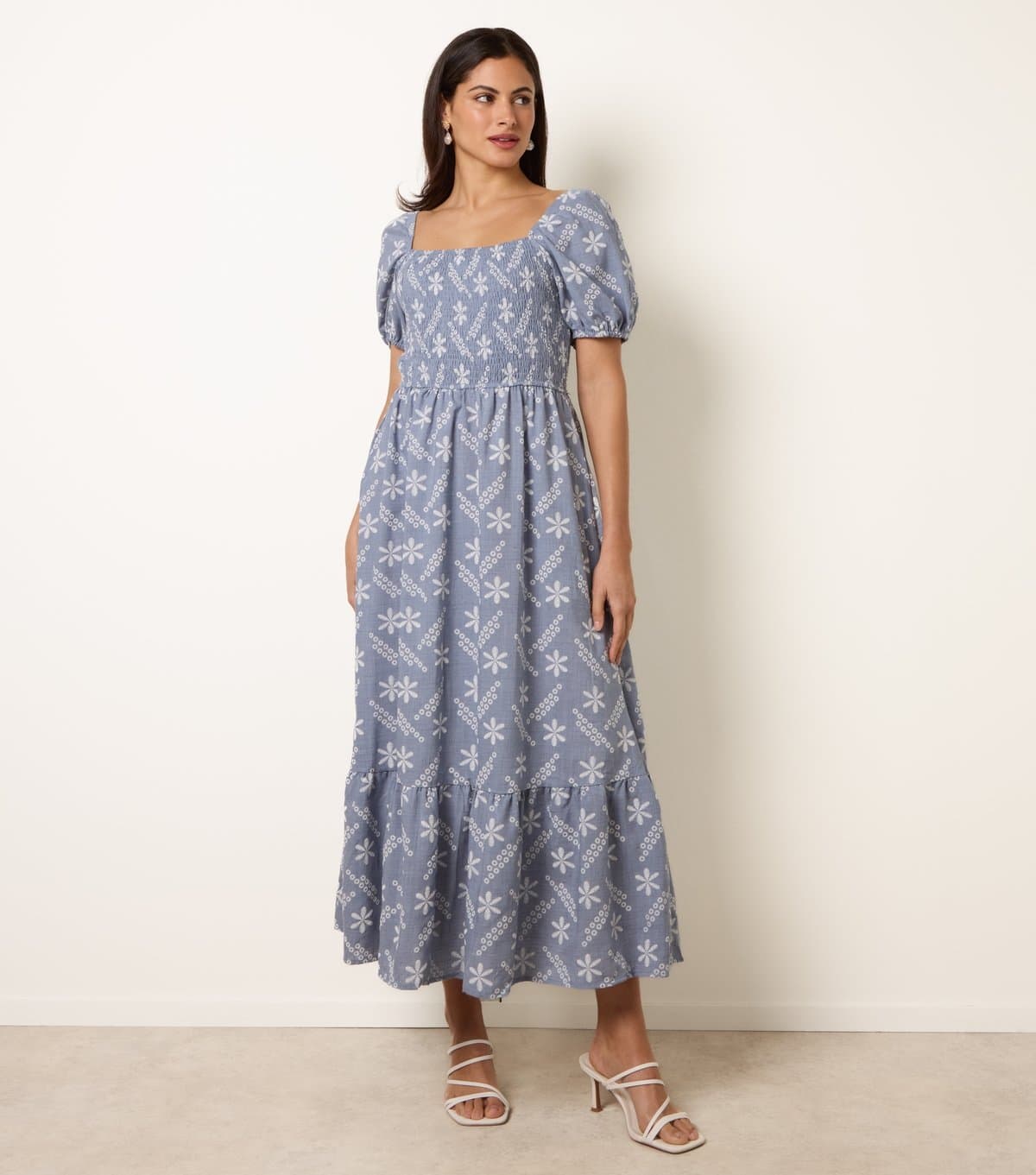 Blue Vanilla Women's Blue Floral Embroidered Puff Sleeve Midi Dress Blue Vanilla New Look