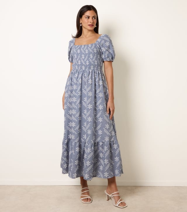 Blue Vanilla Women's Blue Floral Embroidered Puff Sleeve Midi Dress Blue Vanilla New Look - 2