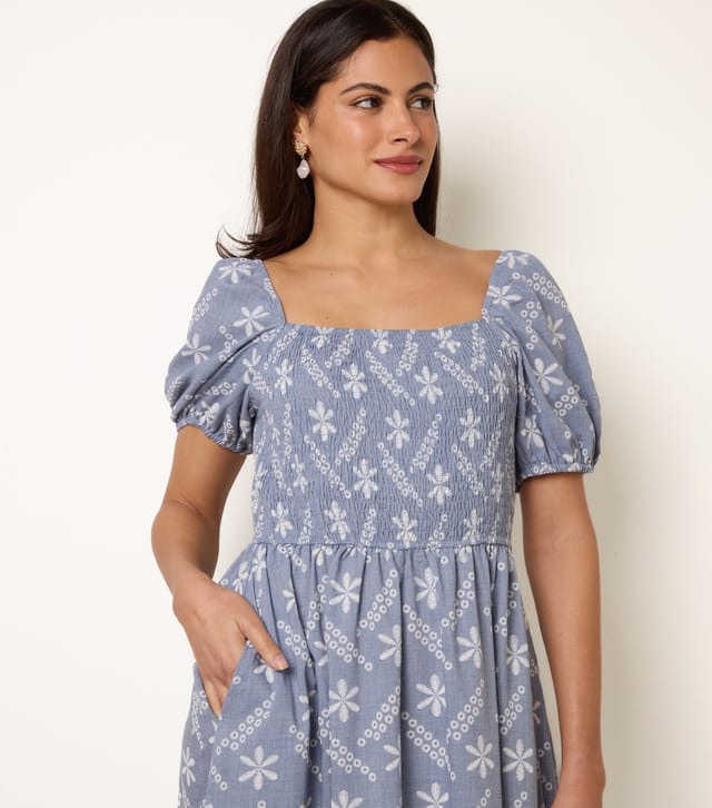 Blue Vanilla Women's Blue Floral Embroidered Puff Sleeve Midi Dress Blue Vanilla New Look - 3