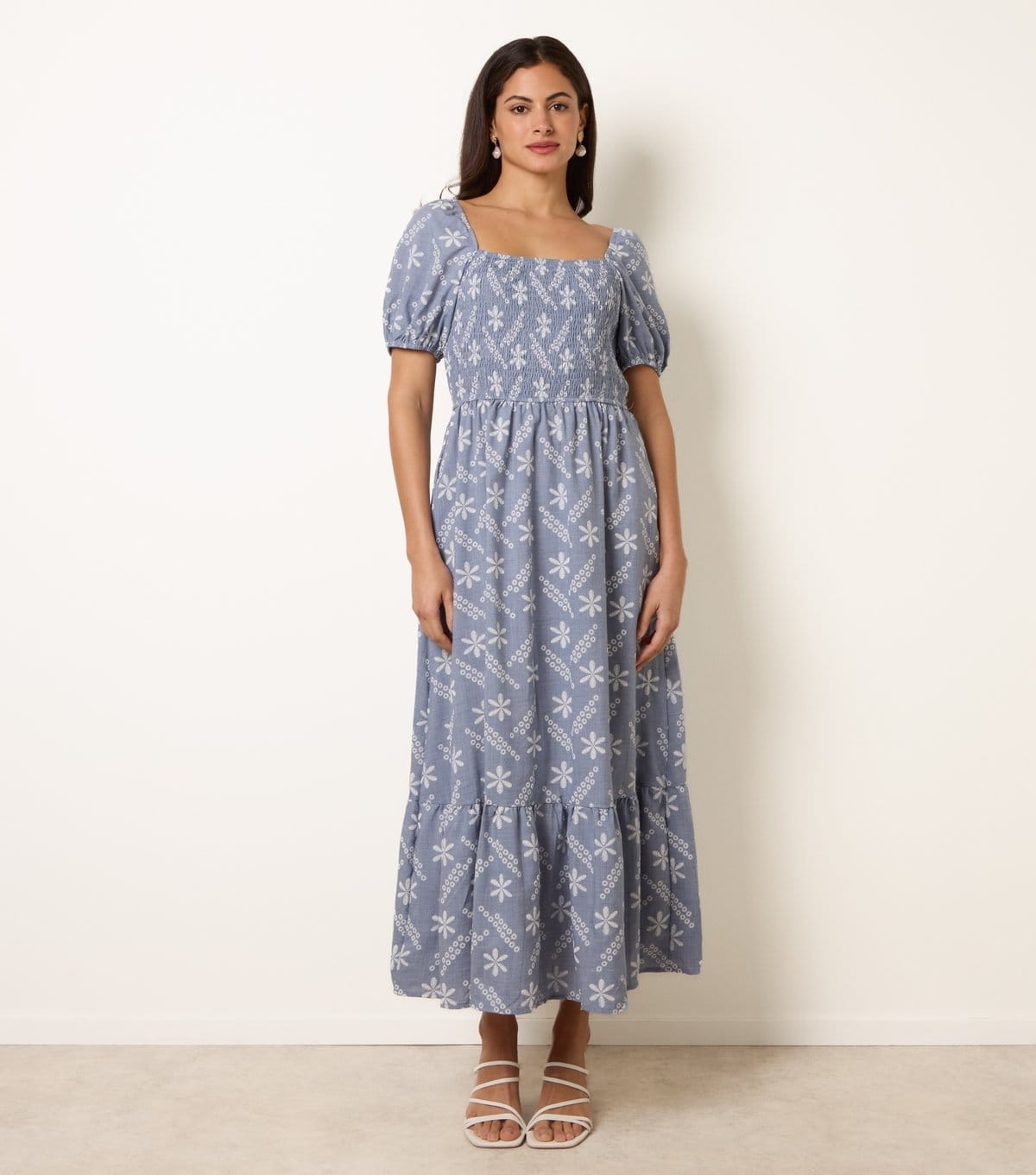 Blue Vanilla Women's Blue Floral Embroidered Puff Sleeve Midi Dress Blue Vanilla New Look - 4