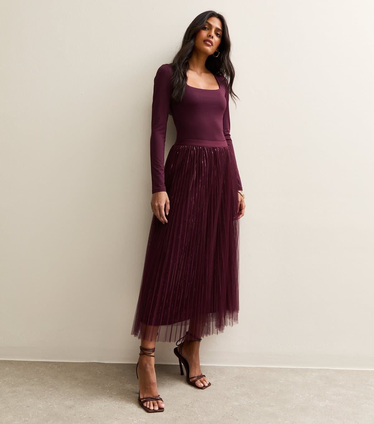 New Look Women's Burgundy Sequin Tulle Midi Skirt New Look