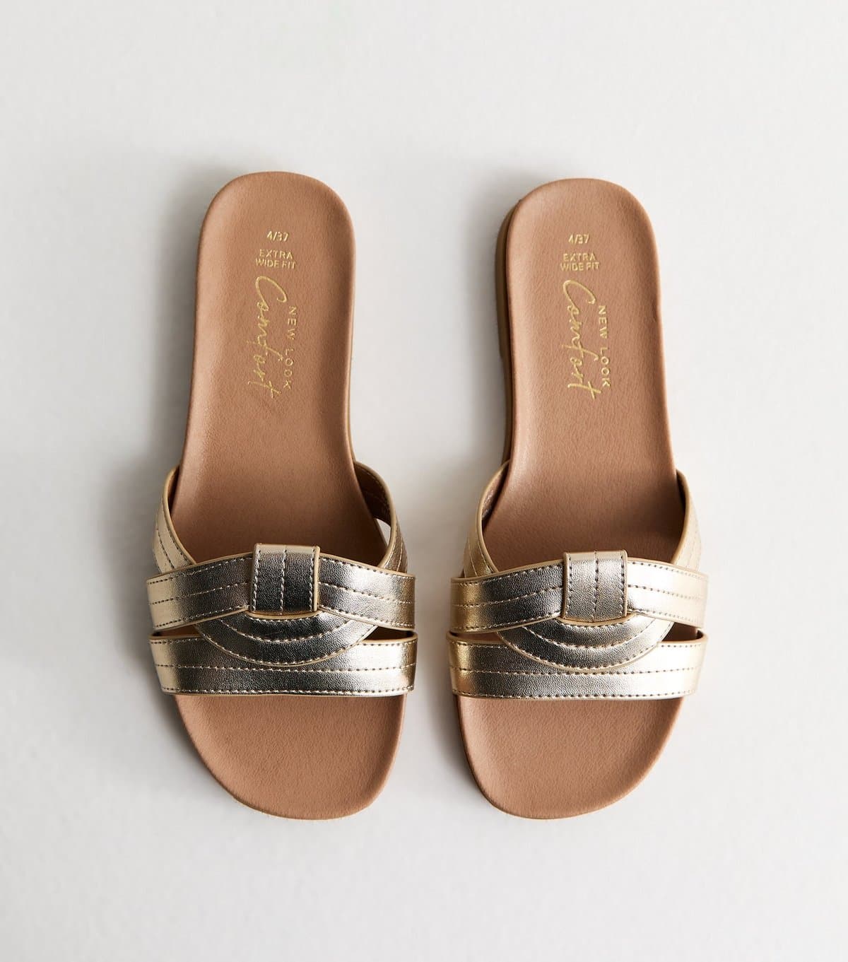 New Look Women's Extra Wide Fit Gold Interwoven Strap Faux Leather Mules Vegan New Look