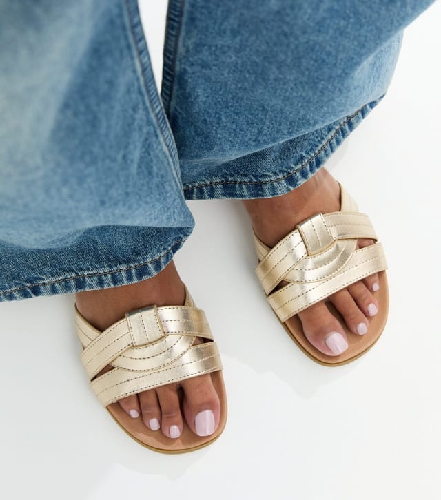 New Look Women's Extra Wide Fit Gold Interwoven Strap Faux Leather Mules Vegan New Look - 2