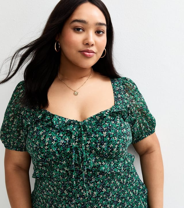 New Look Women's Plus Size Green Floral Print Chiffon Midi Dress Curves New Look - 2