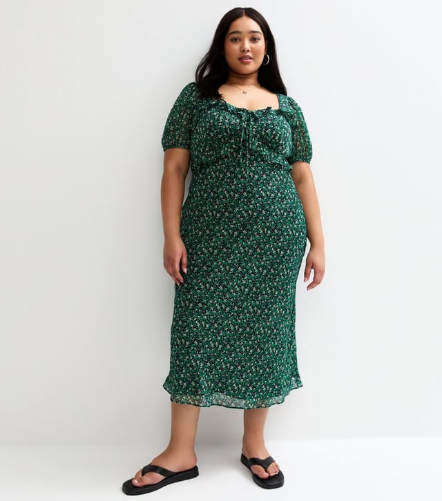 New Look Women's Plus Size Green Floral Print Chiffon Midi Dress Curves New Look - 3