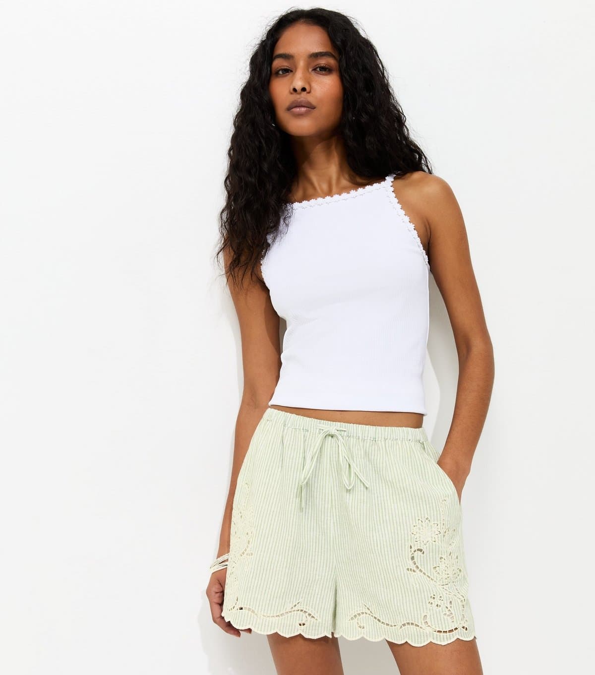 New Look Women's Green Striped Shorts With Linen New Look