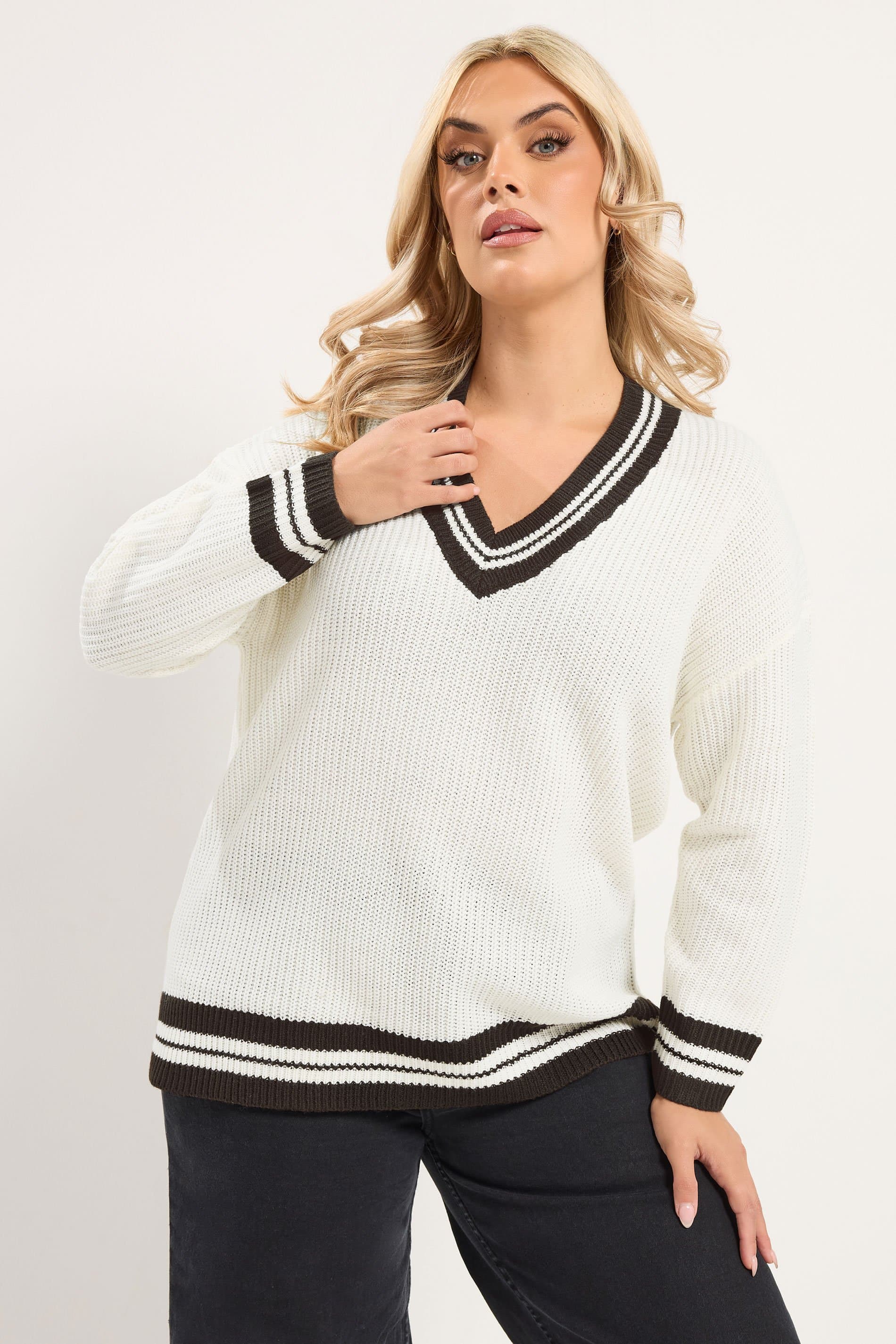 Yours Plus Size White & Brown Knitted Tennis Jumper