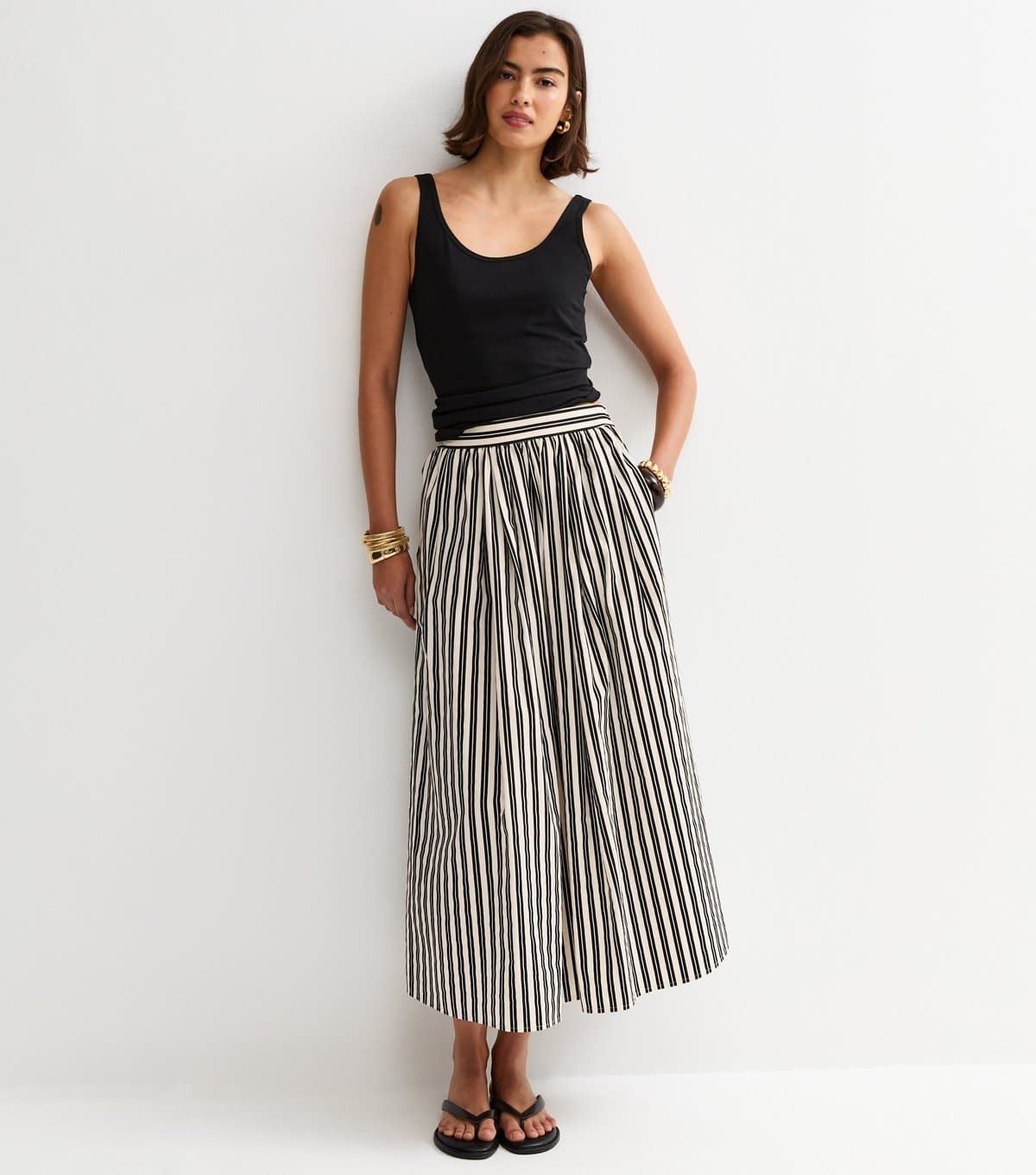 New Look Women's Black Cotton Poplin Striped Midi Skirt New Look