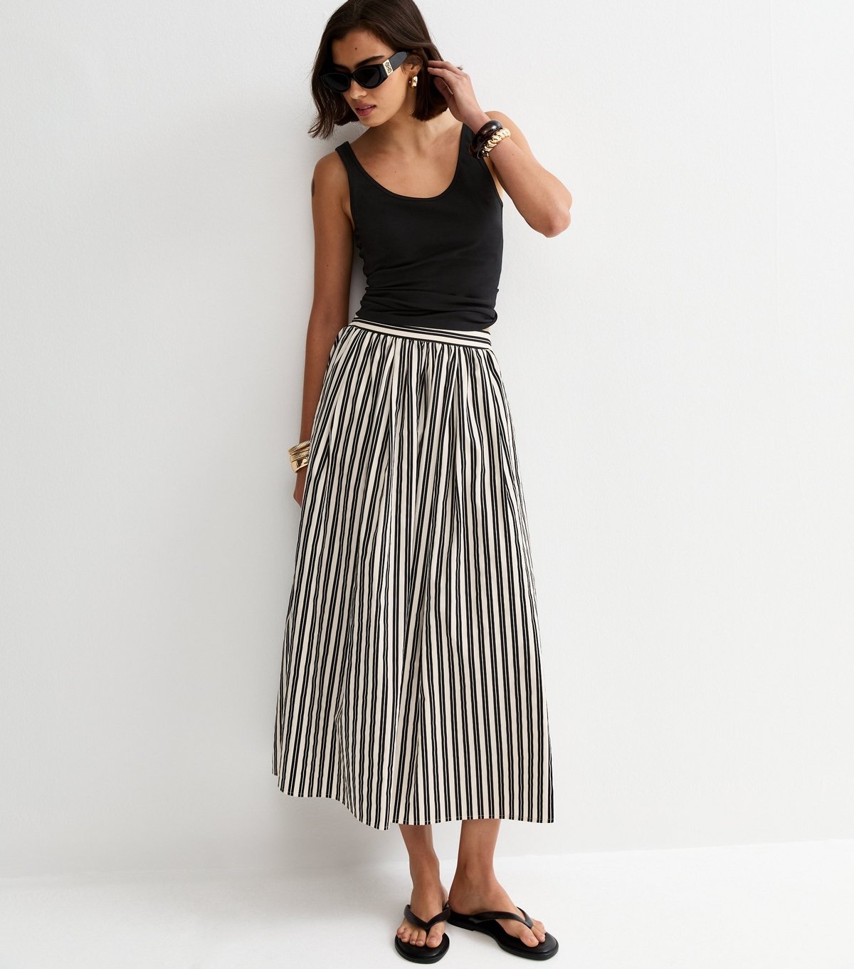 New Look Women's Black Cotton Poplin Striped Midi Skirt New Look - 2
