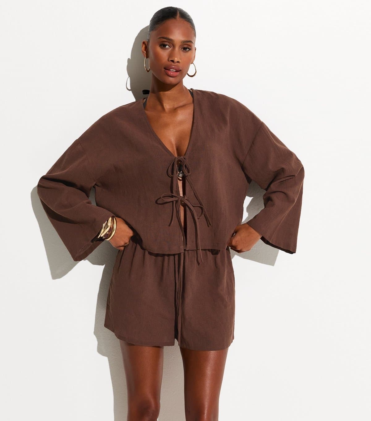 New Look Women's Brown Cotton Slub Tie Front Beach Shirt New Look