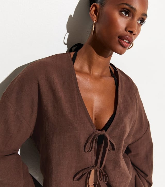 New Look Women's Brown Cotton Slub Tie Front Beach Shirt New Look - 2