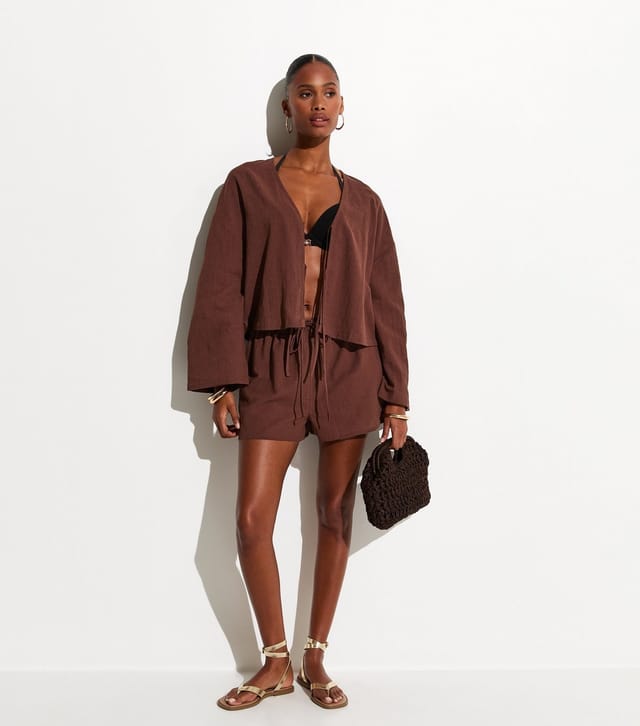 New Look Women's Brown Cotton Slub Tie Front Beach Shirt New Look - 3