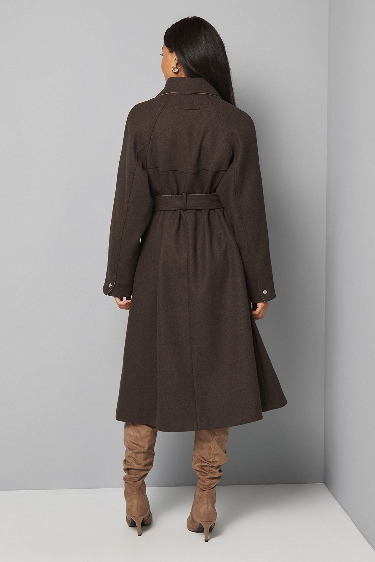 Wallis Wallis Women's Wool Blend Belted Longline Coat in Chocolate - 3