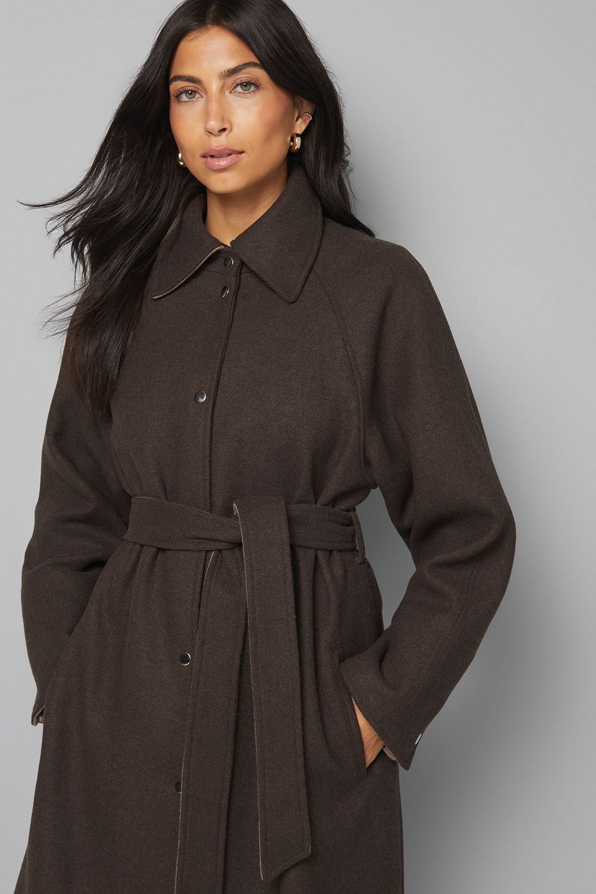 Wallis Wallis Women's Wool Blend Belted Longline Coat in Chocolate - 4