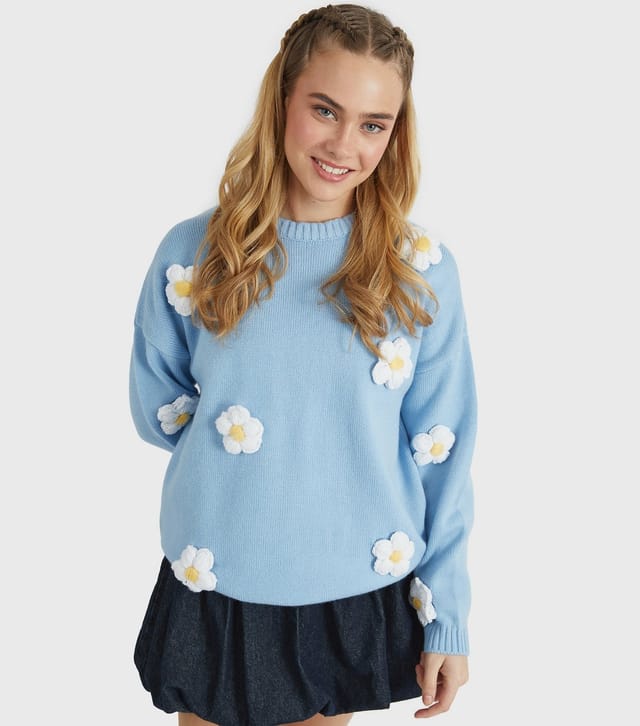 Skinnydip Women's Blue Daisy Appliqué Knit Jumper Skinnydip New Look - 3