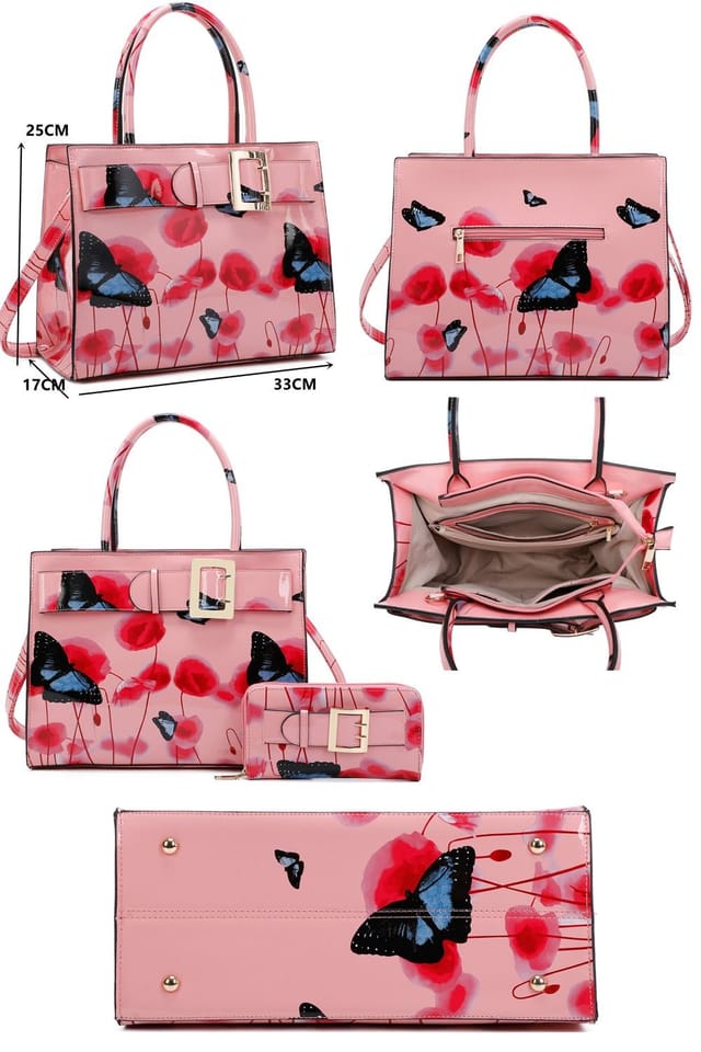 Fontanella Fashion Fontanella Fashion Women's Amapola 2IN1 Poppy Flower & Buttlefly Bucket Shaped Top-Handle Bag With Purse Set in Orange - 2