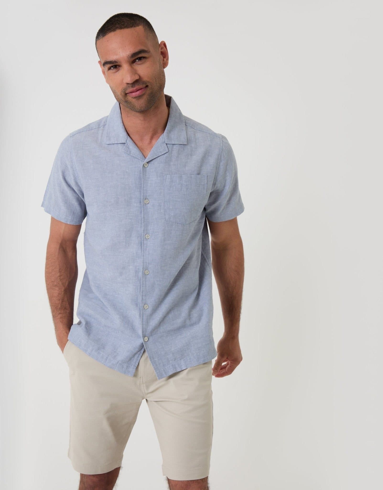 Threadbare threadbare Men's Linen Cotton Blend Short Sleeve Shirt in Blue