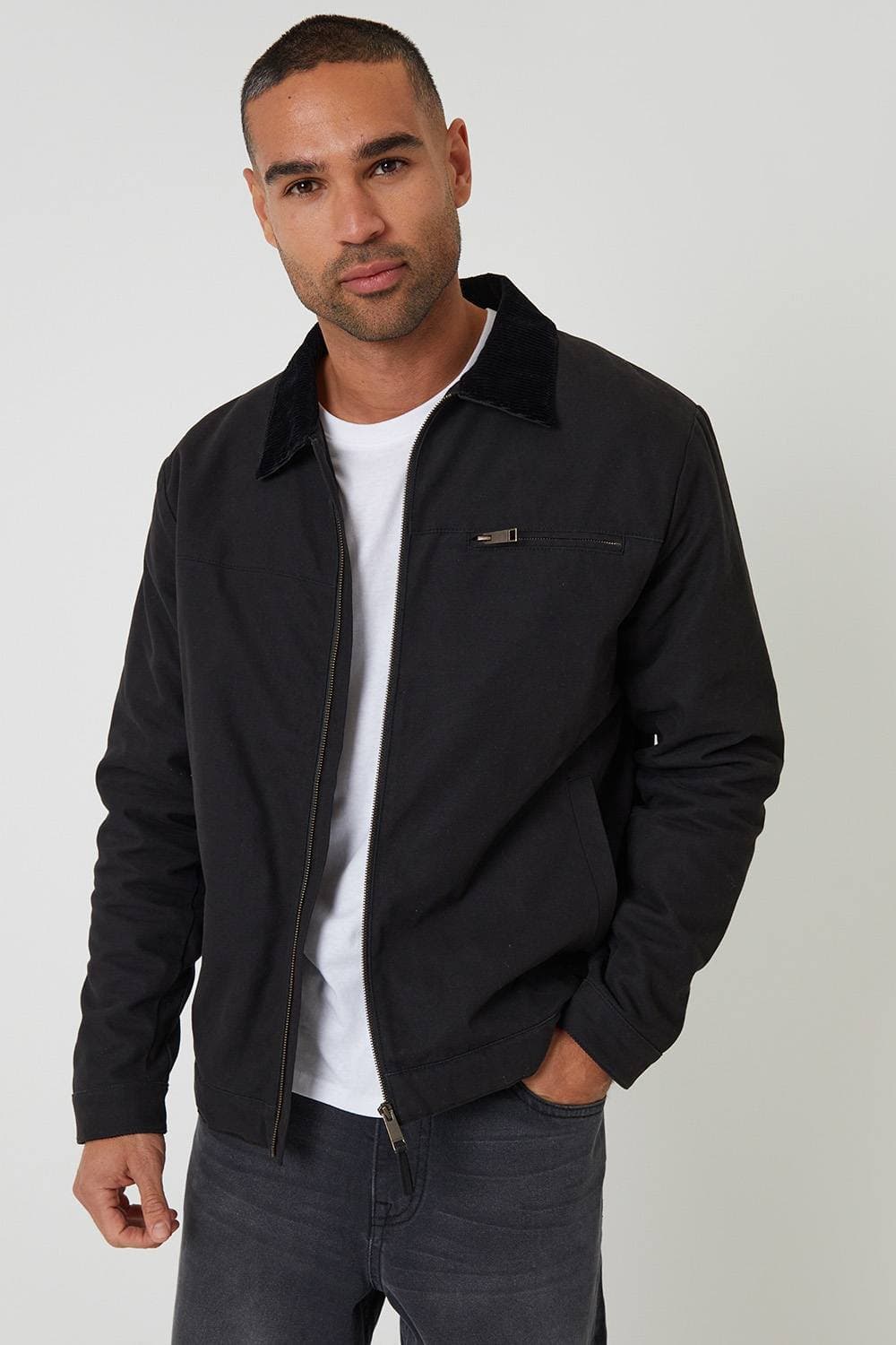 Threadbare Threadbare Men's Cotton Canvas Jacket With Corduroy Collar in Black